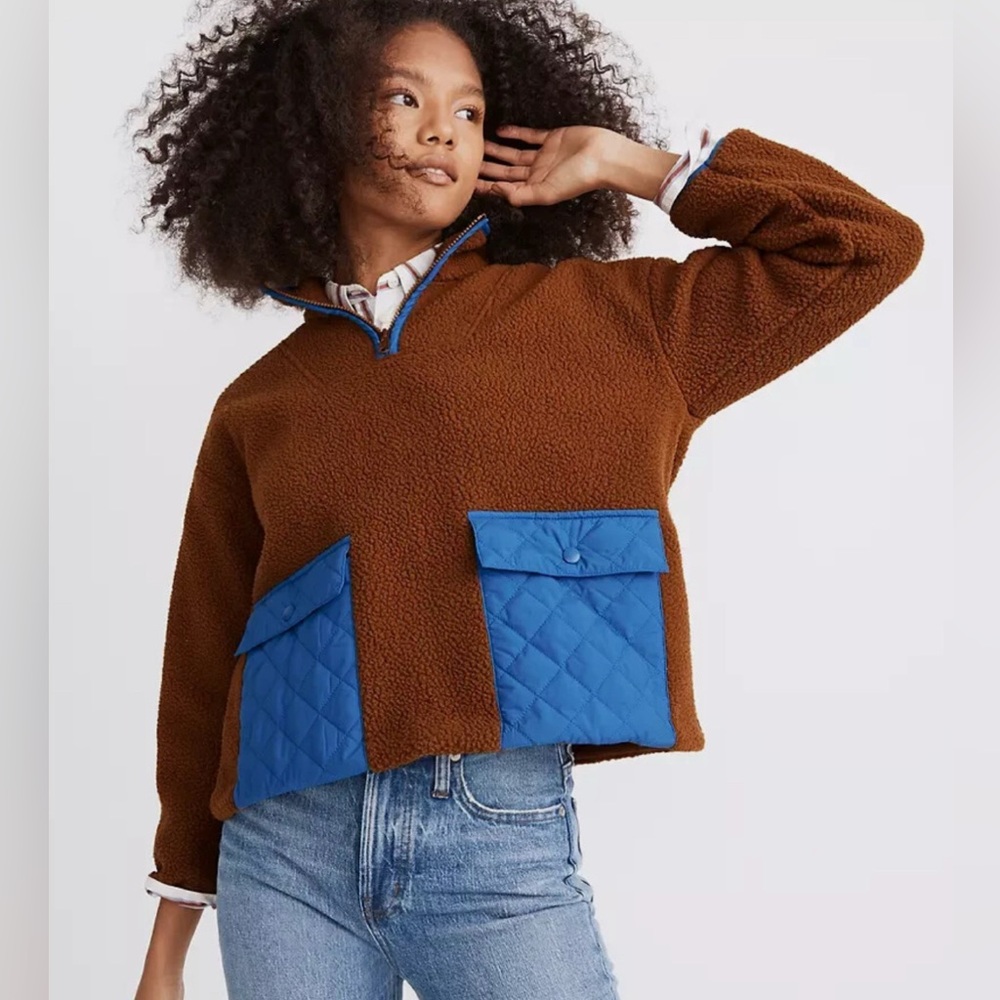 Madewell Tan/Brown Fleece with Blue Trim and Blue Pockets